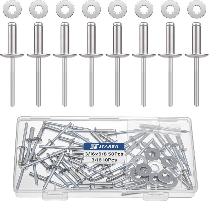 JTAREA 3/16" x 5/8" Stainless Steel Pop Rivets with Stainless Steel Washers 4.8 x 16mm Blind Rivet Assortment Kit (Pack of 60pcs) - Image 1